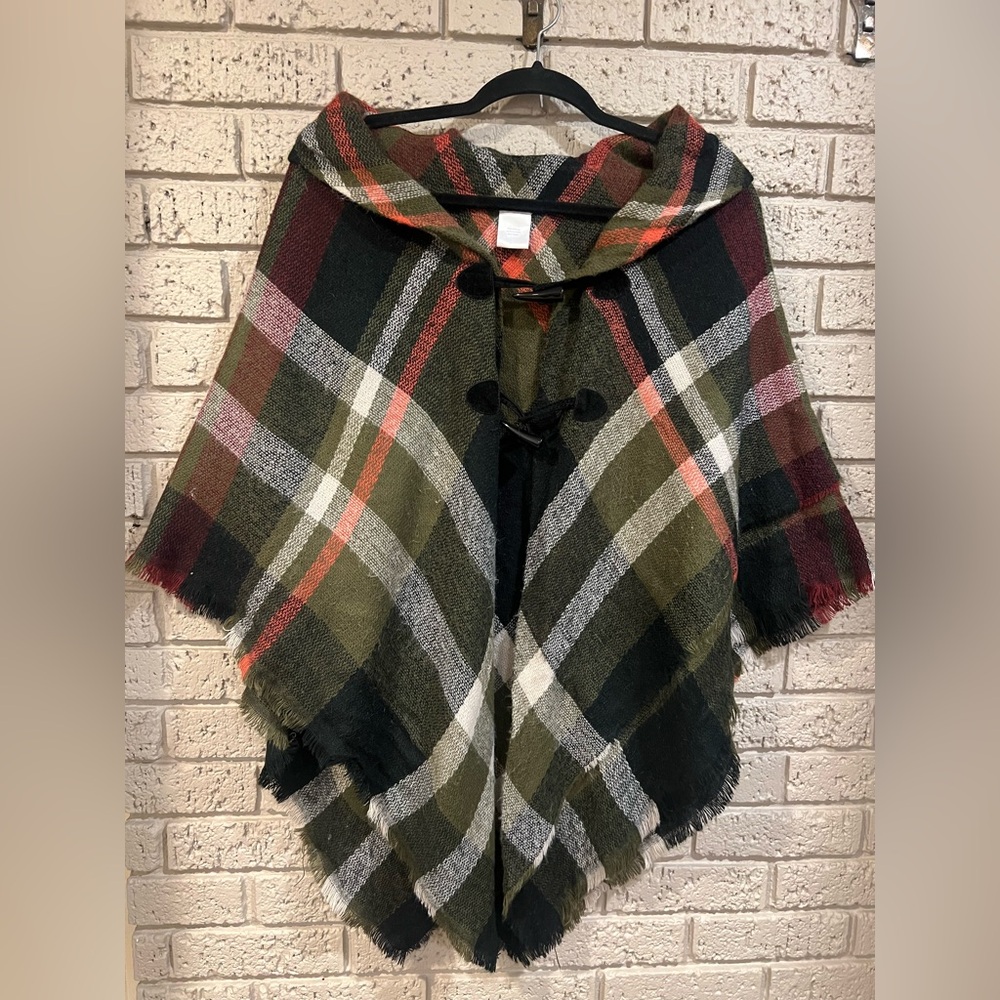 Red Plaid Poncho Shawl Two Button Closure One size fits most